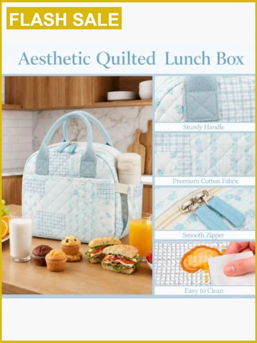 Quilted Insulated Lunch Tote for Women Floral Reusable Lunch Bag with Pockets